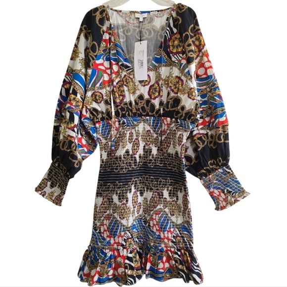 NWT Rhode Anya Smocked Mini Dress Nautical Chain Print Balloon Sleeves Large - Picture 2 of 11